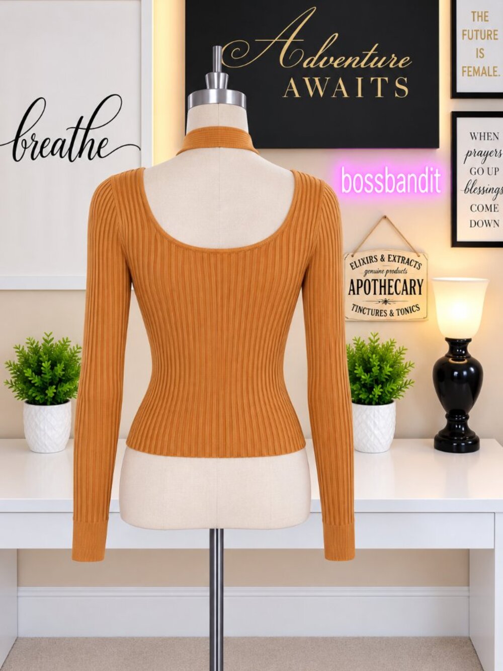 MINKPINK Gianna Ribbed Knit Cutout Top Pecan Long Sleeve M NWT - Picture 4 of 7